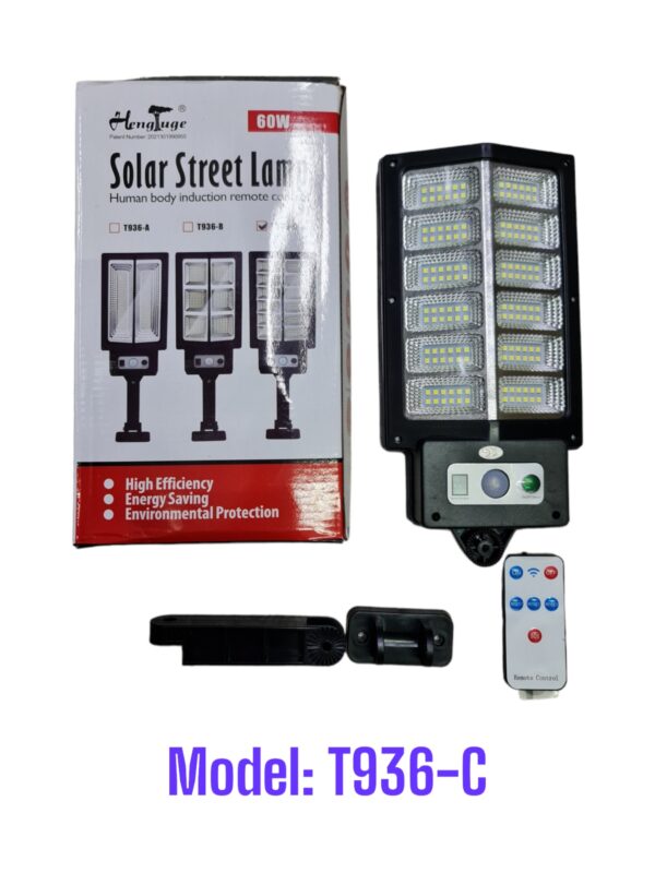 T936-C 60W napelemes kültéri utcai lámpa mozgásérzékelővel és távirányítóval
