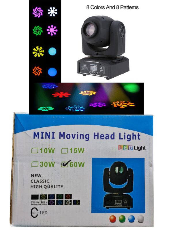 Mini mozgófejes fénykivetítő 60W RGB 8 szín és 8 minta