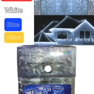 Karácsonyi jégcsap fényfüggöny 1.5+5 méter, fehér, kék és sárga színben, kültéri