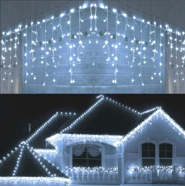 Karácsonyi jégcsap fényfüggöny 1.5+5 méter, fehér, kék és sárga színben, kültéri
