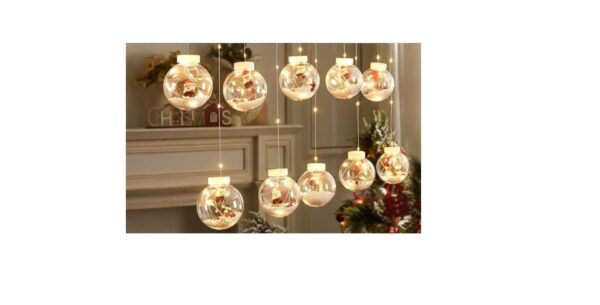 Karácsonyi 10 darabos gömb alakú fényfüggöny 3 méteres, sárga színű, télapó figurával