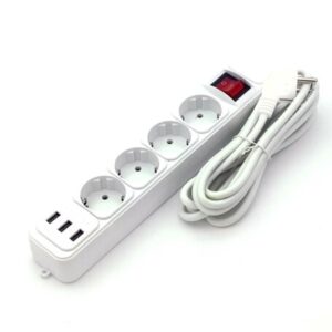 Kapcsolós 4-es asztali elosztó, hosszabbító 3 darab USB porttal - 3 méter fehér színű