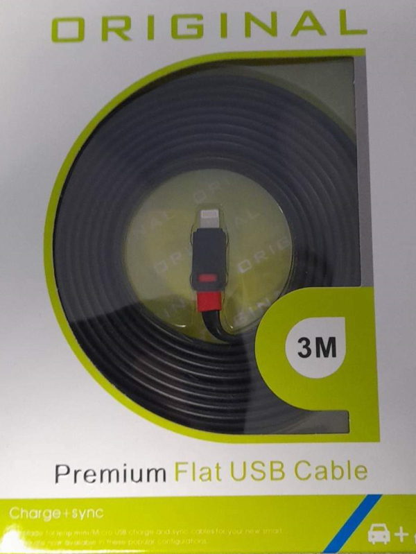 Premium flat USB adat- és töltőkábel, 3 méter