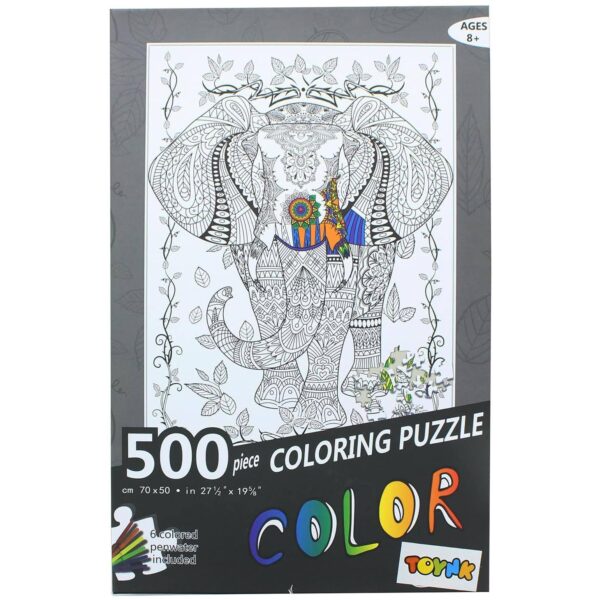 Színező puzzle, összeállítás és színezés, elefánt, 500 darab, 6 játékot tartalmaz, 70 x 50 cm, 8 év
