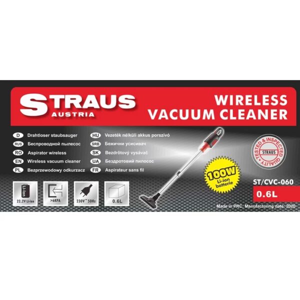 Straus vezeték nélküli akkumulátoros porszívó, 100w