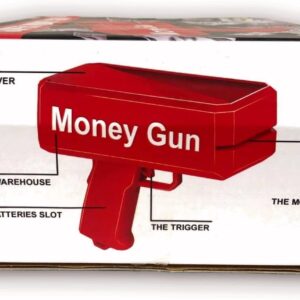 Money gun – piros színű elektromos pénzkilövő pisztoly 100 db játék bankjeggyel