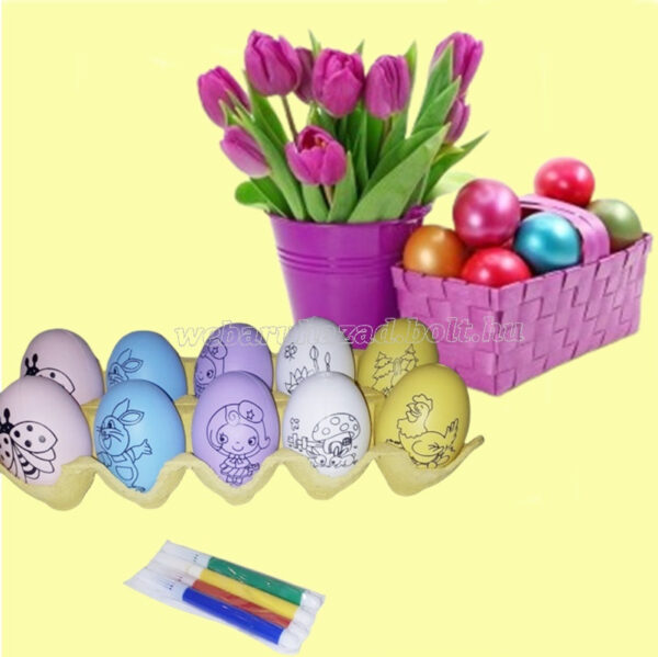Húsvéti tojás festőkészlet,színes rajzolt tojások tojástartóban 12db+filctoll