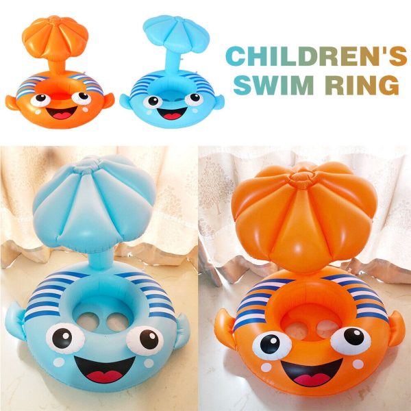 Felfújható ,beleülős gyerek úszógumi napellenzővel ,halacskás .kék és narancs színben