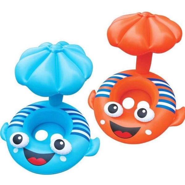 Felfújható ,beleülős gyerek úszógumi napellenzővel ,halacskás .kék és narancs színben