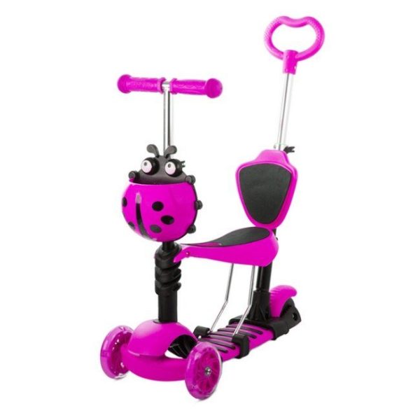 Gyerek 3 kerekű roller, totyogó robogó, futóbickli,sétakocsi, 5 az 1-ben ,led kerekekkel , katicabogár kosárral, max 25kg , 2 féle színben