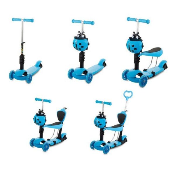 Gyerek 3 kerekű roller, totyogó robogó, futóbickli,sétakocsi, 5 az 1-ben ,led kerekekkel , katicabogár kosárral, max 25kg , 2 féle színben