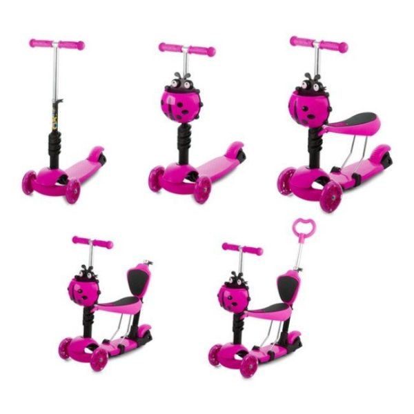 Gyerek 3 kerekű roller, totyogó robogó, futóbickli,sétakocsi, 5 az 1-ben ,led kerekekkel , katicabogár kosárral, max 25kg , 2 féle színben