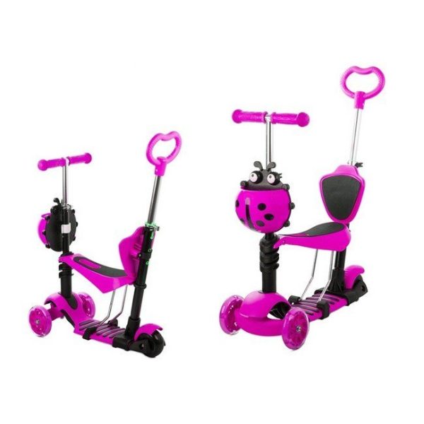 Gyerek 3 kerekű roller, totyogó robogó, futóbickli,sétakocsi, 5 az 1-ben ,led kerekekkel , katicabogár kosárral, max 25kg , 2 féle színben