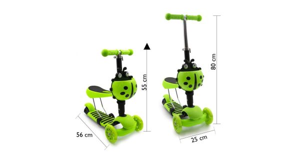 Gyerek 3 kerekű roller , 2 az 1-ben ,totyogó robogó és roller , led kerekkel , katicabogár kosárral, 2 féle színben