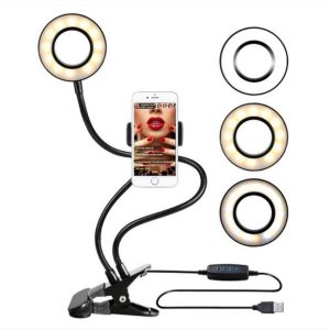 Asztalhoz csiptethető körszelfi lámpa , telefontartóval ,led világítással , 26 cm