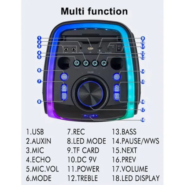 Kolav D2806 Hordozható, Vezeték Nélküli, Bluetooth Hangszóró 2x8", LED Világítás, 40W