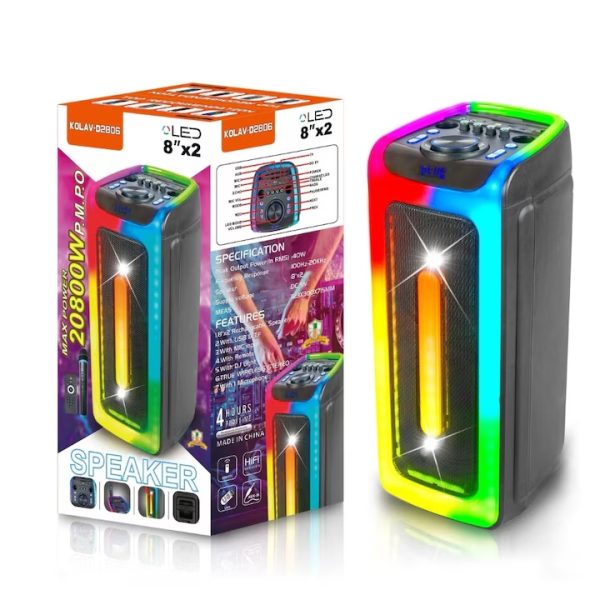 Kolav D2806 Hordozható, Vezeték Nélküli, Bluetooth Hangszóró 2x8", LED Világítás, 40W