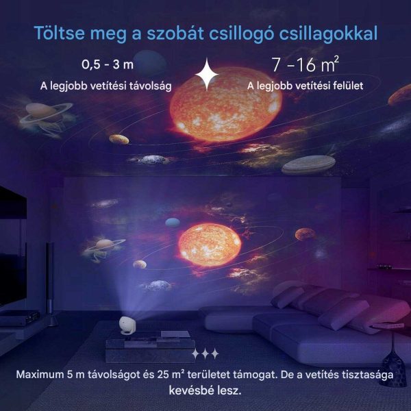 HD Star Projektor 13 féle égbolt témával, fókusztávolság 2-5 m, 25㎡ maximális vetítési felület, Csendes funkció és időzítő