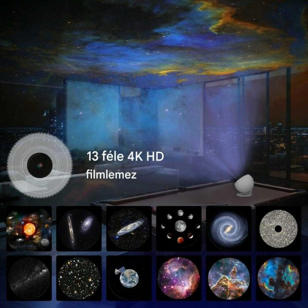 HD Star Projektor 13 féle égbolt témával, fókusztávolság 2-5 m, 25㎡ maximális vetítési felület, Csendes funkció és időzítő