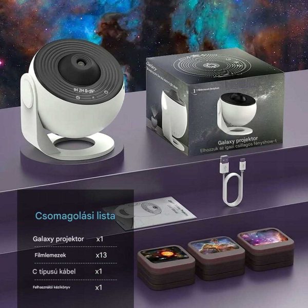 HD Star Projektor 13 féle égbolt témával, fókusztávolság 2-5 m, 25㎡ maximális vetítési felület, Csendes funkció és időzítő