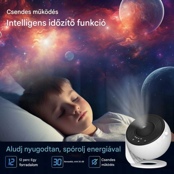 HD Star Projektor 13 féle égbolt témával, fókusztávolság 2-5 m, 25㎡ maximális vetítési felület, Csendes funkció és időzítő