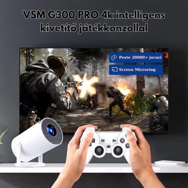 "Intelligens 4k videoprojektor játékkonzollal, VSM, Android TV 11.0, távirányító, WiFi 6, Bluetooth 5.0, 130 hüvelykes vetítővászon, automatikus képkorrekció, négymagos, 280 ANSI, beépített hangszóró, HDMI, USB, fehér "
