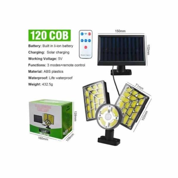 Napelemes, mozgásérzékelős kültéri COB LED reflektor, állítható panelekkel és távirányítóval